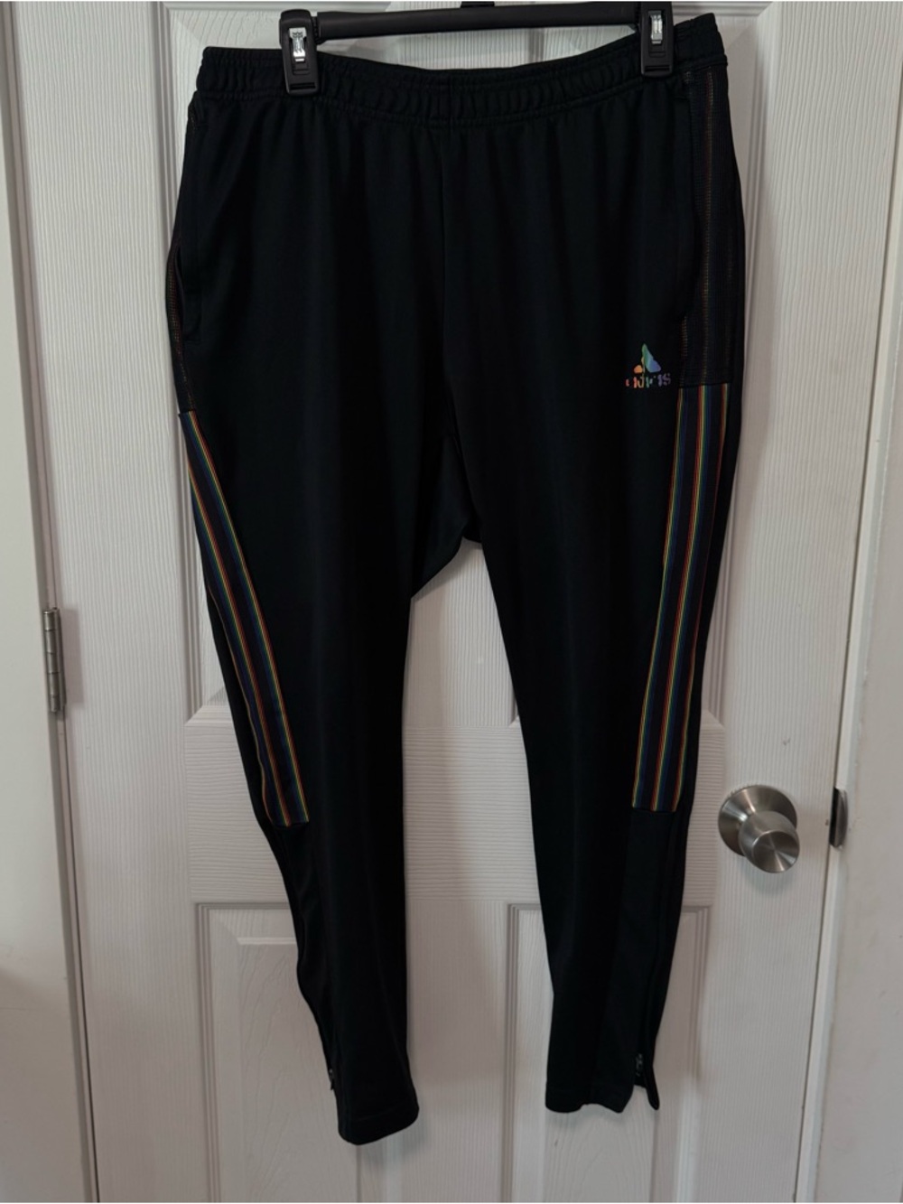 adidas Black Track Pants with Rainbow Stripe Accents Pride soccer zip ankle 1X